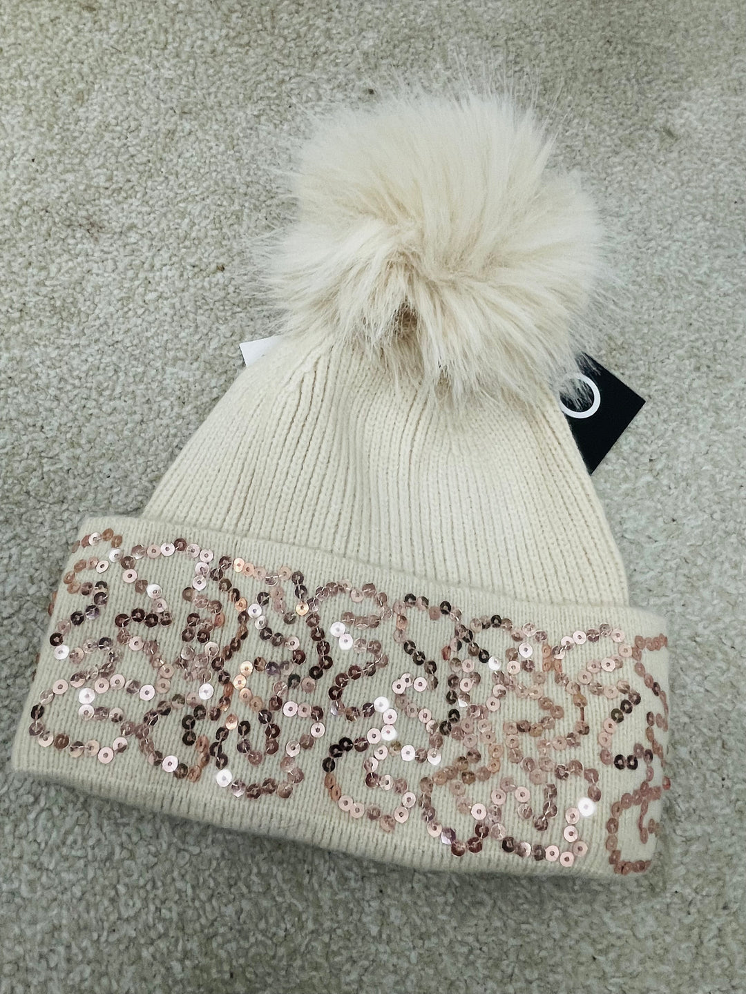 LADIES FAUX FUR DIAMANTE BOBBLE BEANIE HAT - BLACK, WINE, WHITE, BEIGE, BROWN