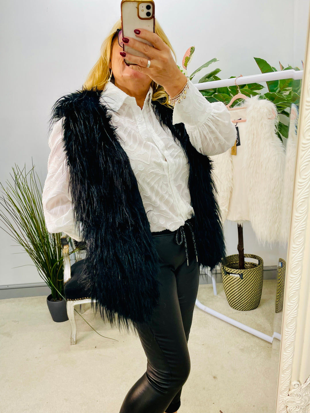 LADIES FLUFFY FURRY GILET - BLACK & WHITE