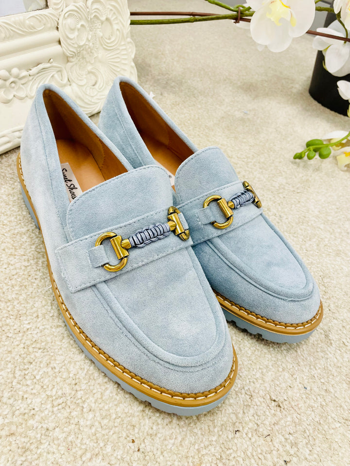 LADIES WOMENS PALE BLUE FAUX SUEDE FLAT LOAFER BROGUE SHOES