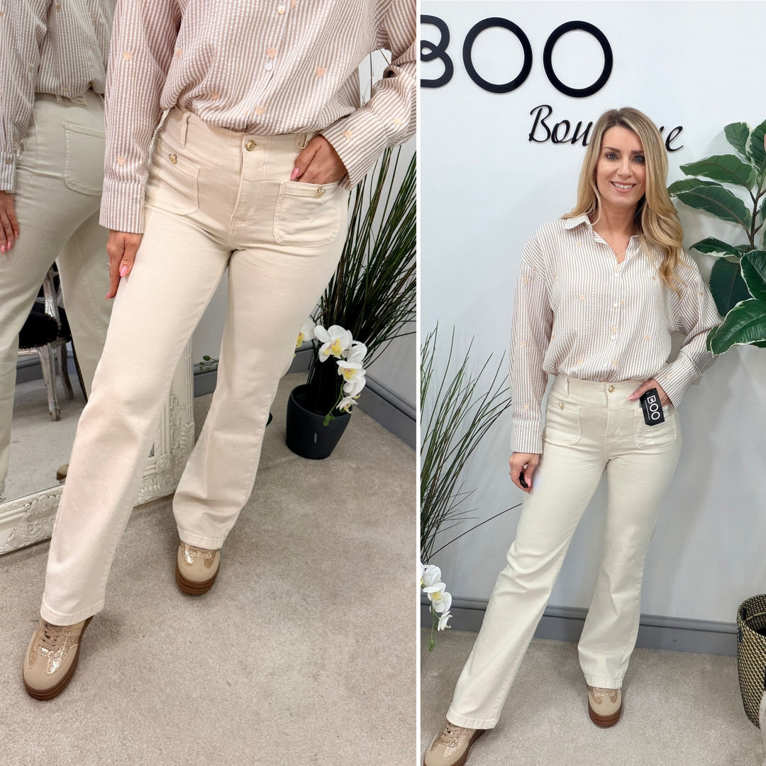 LADIES FASHION BEIGE STRAIGHT LEG FRONT POCKET JEANS