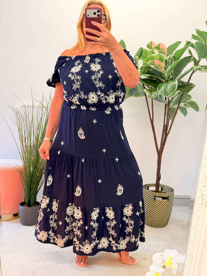 Ladies Fashion Navy Boho Skirt & Top Co Ord Set