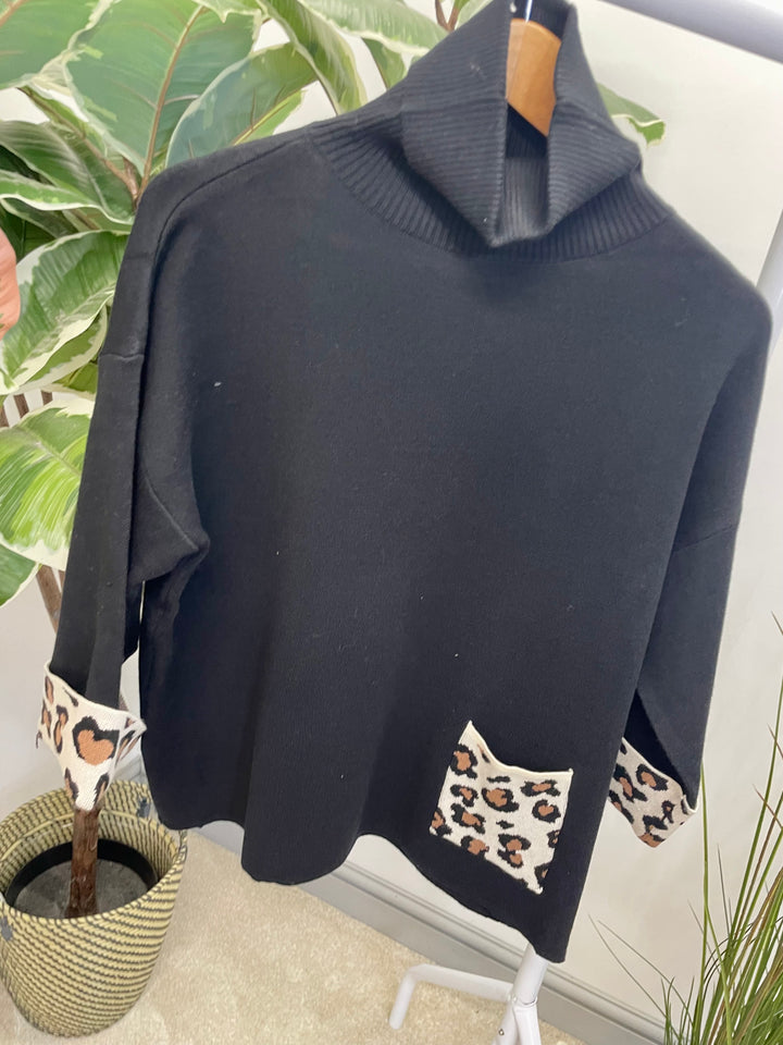 LADIES SOFT KNIT JUMPER WITH LEOPARD PRINT - BLACK & CREAM