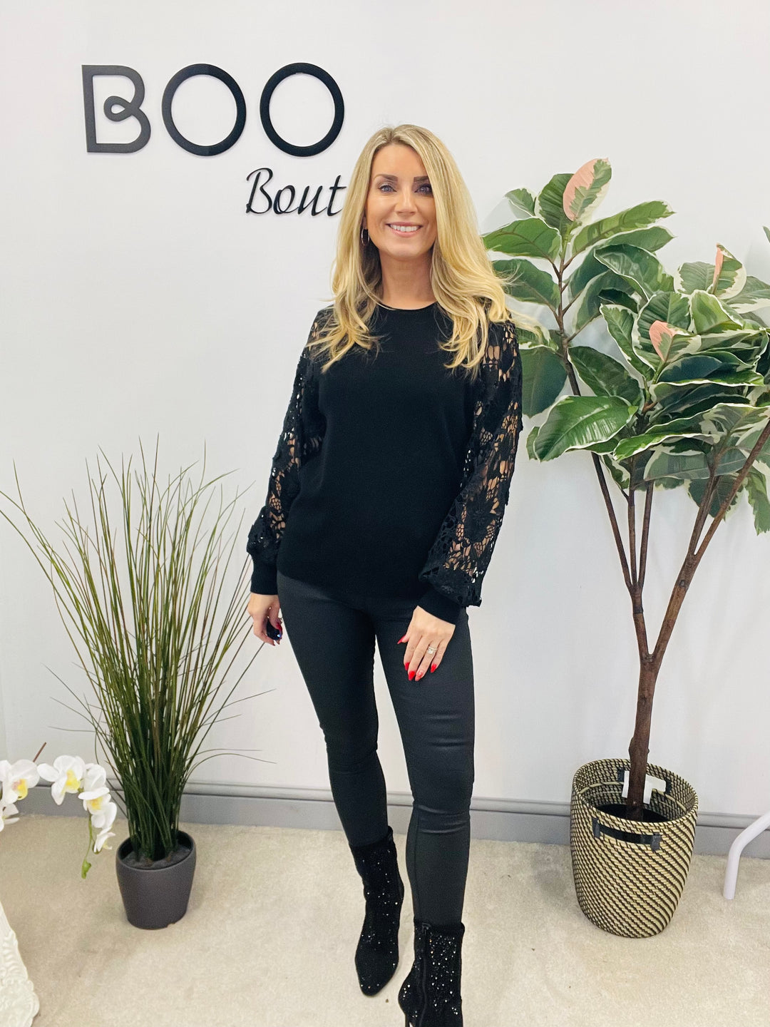 LADIES LACE SLEEVE JUMPER - BLACK, PINK, RED, BERRY,  BROWN & BEIGE