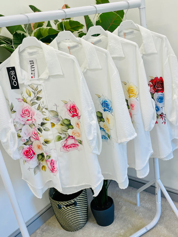 LADIES WHITE FLORAL PRINT LINEN SHIRT