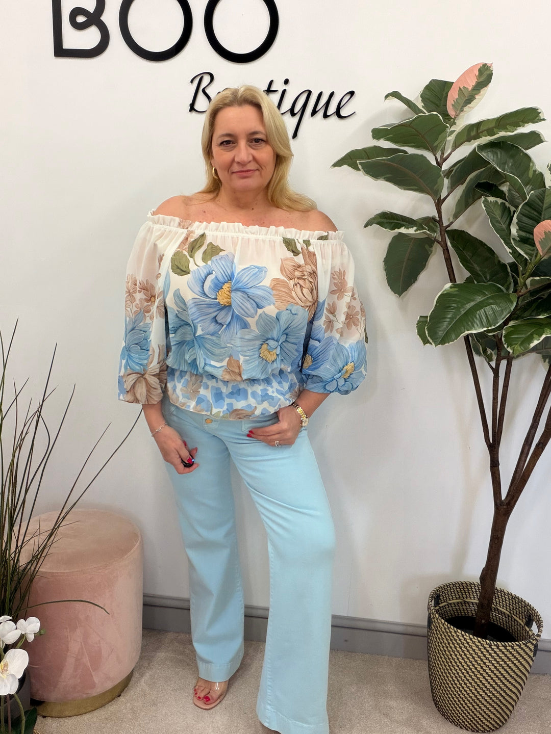 Ladies Fashion Flower Print Bardot Top Blouse - Pink, Lemon, Green & Blue