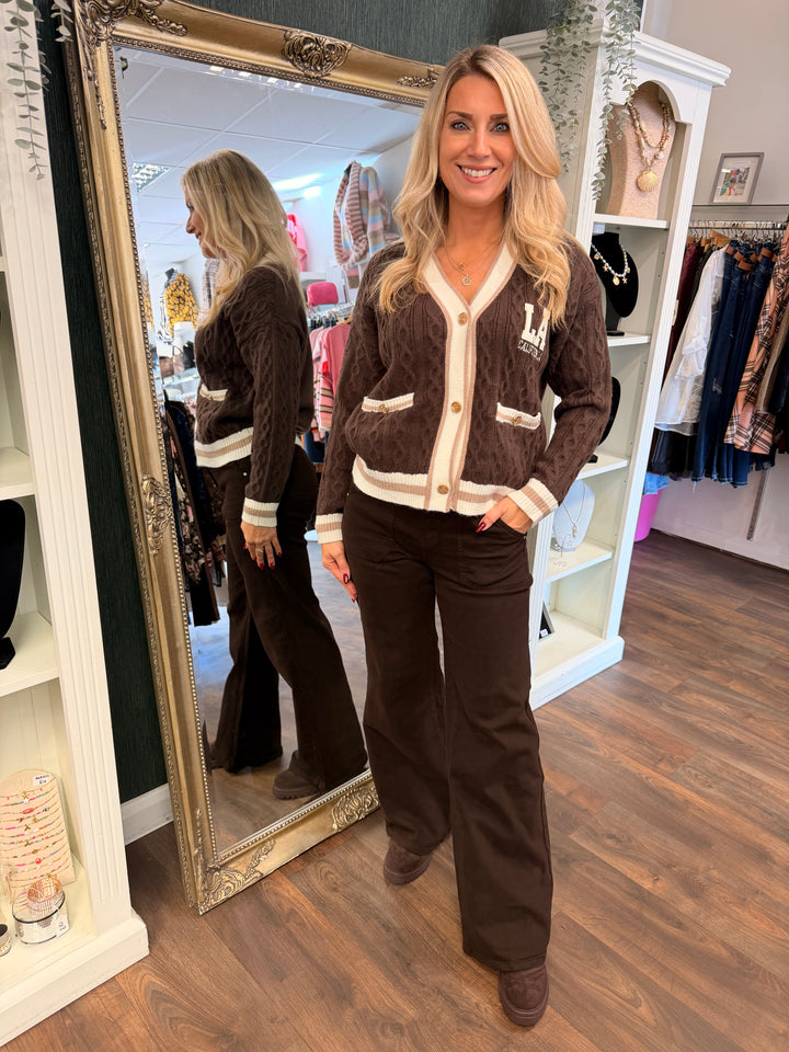 Womens Cable Knit Cricket Cardigan - Cream, Brown, Plum & Black