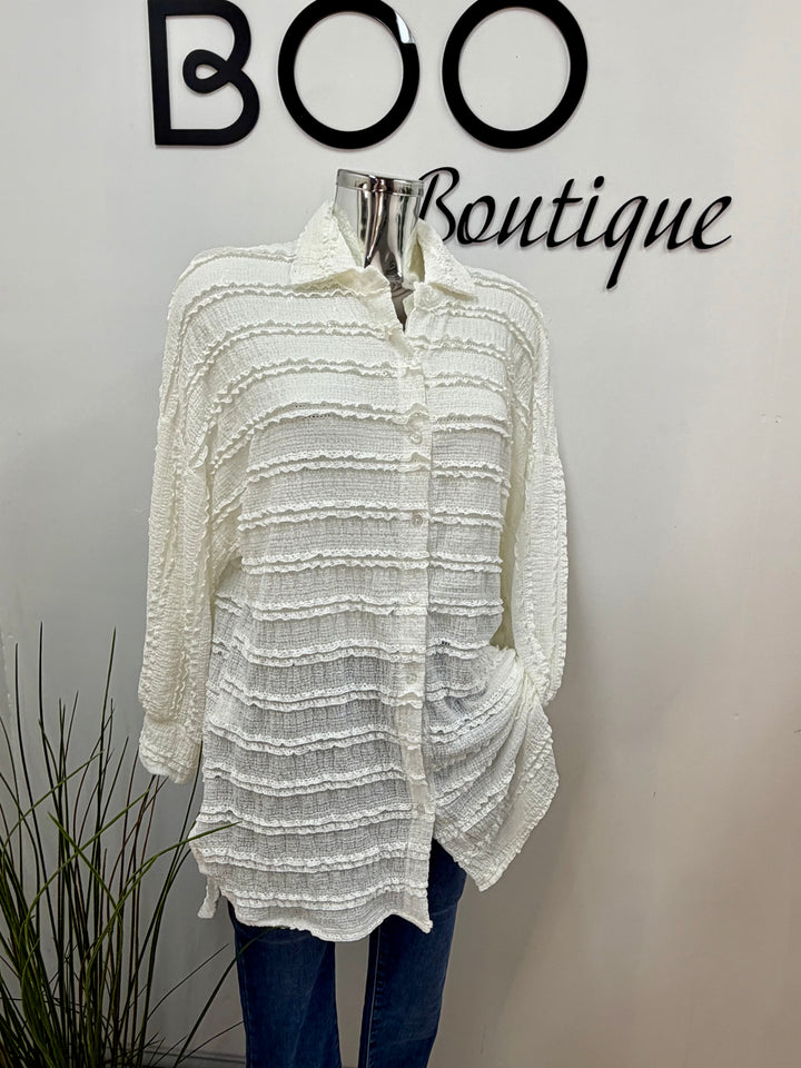 LADIES FRILL SHIRT BLOUSE - WHITE, BEIGE, PINK, LEMON, BLUE & BLACK