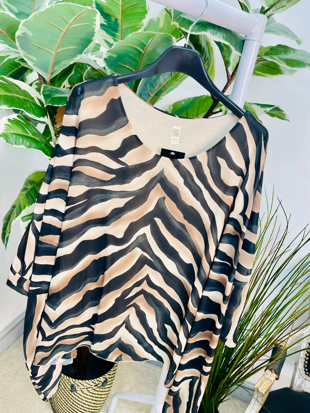 LADIES ZEBRA PRINT CHIFFON FLOATY TOP BLOUSE - GREEN, BLACK & BURGUNDY