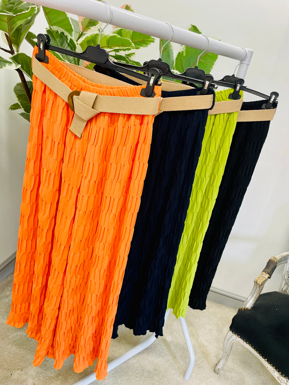 LADIES LOOSE FIT CRINKLE WIDE LEG TROUSERS - BLACK, NAVY, ORANGE & LIME