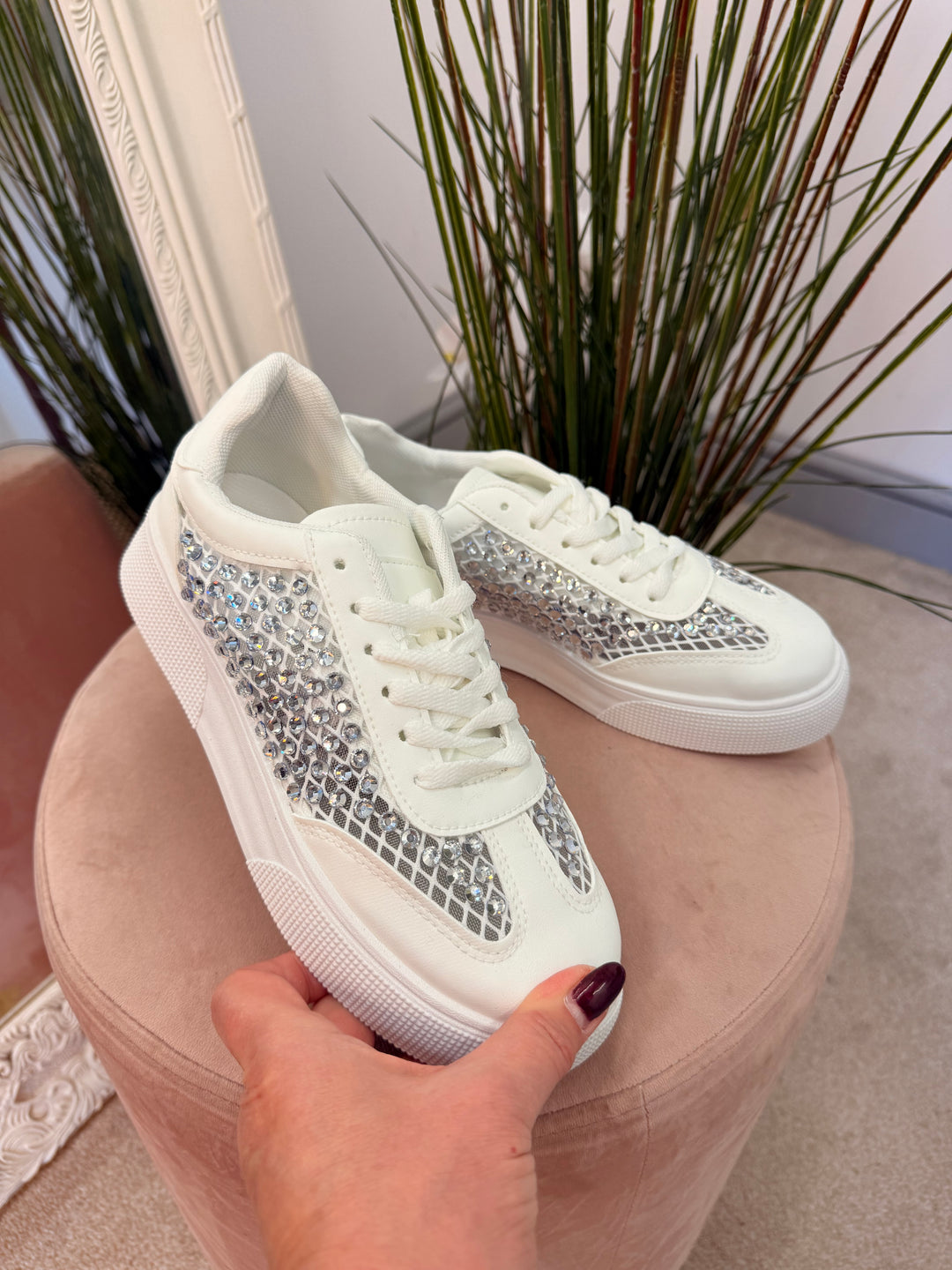 Ladies Fashion White Crystal Diamante Embellished Trainers