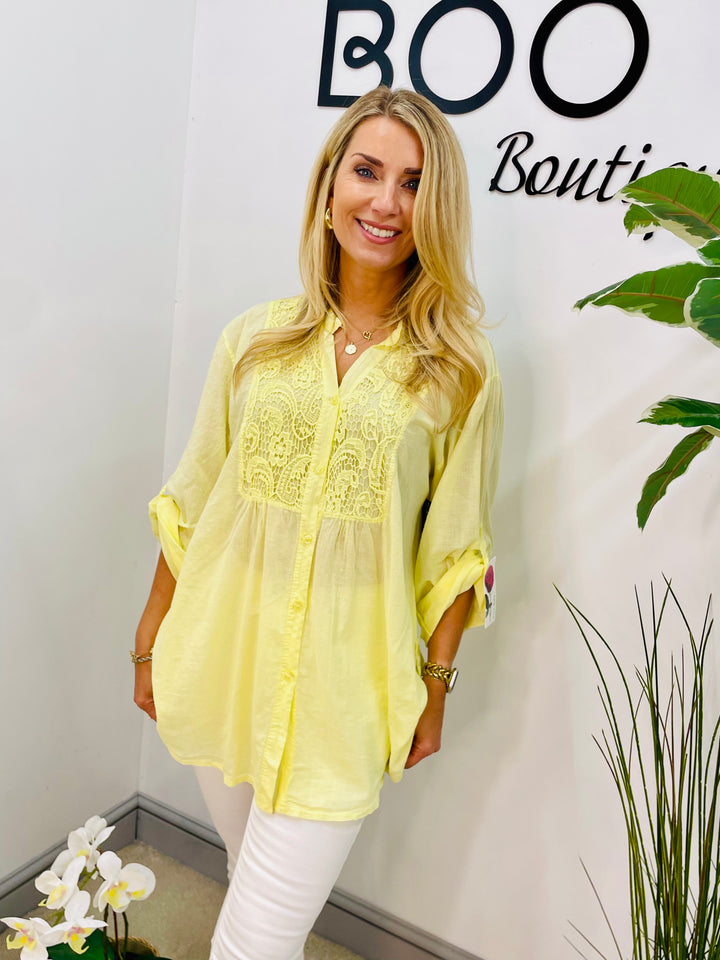 LADIES COTTON LACE FRONT BLOUSE SHIRT - LEMON, WHITE & ORANGE