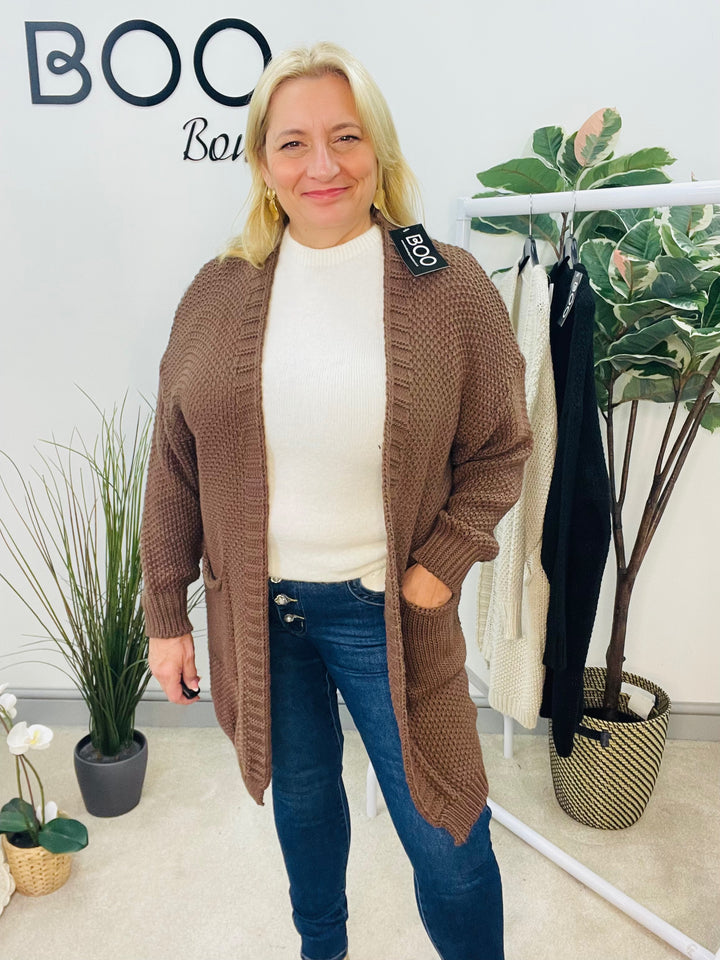 LADIES WAFFLE KNIT LONG LINE CARDIGAN - BLACK, BROWN & BEIGE