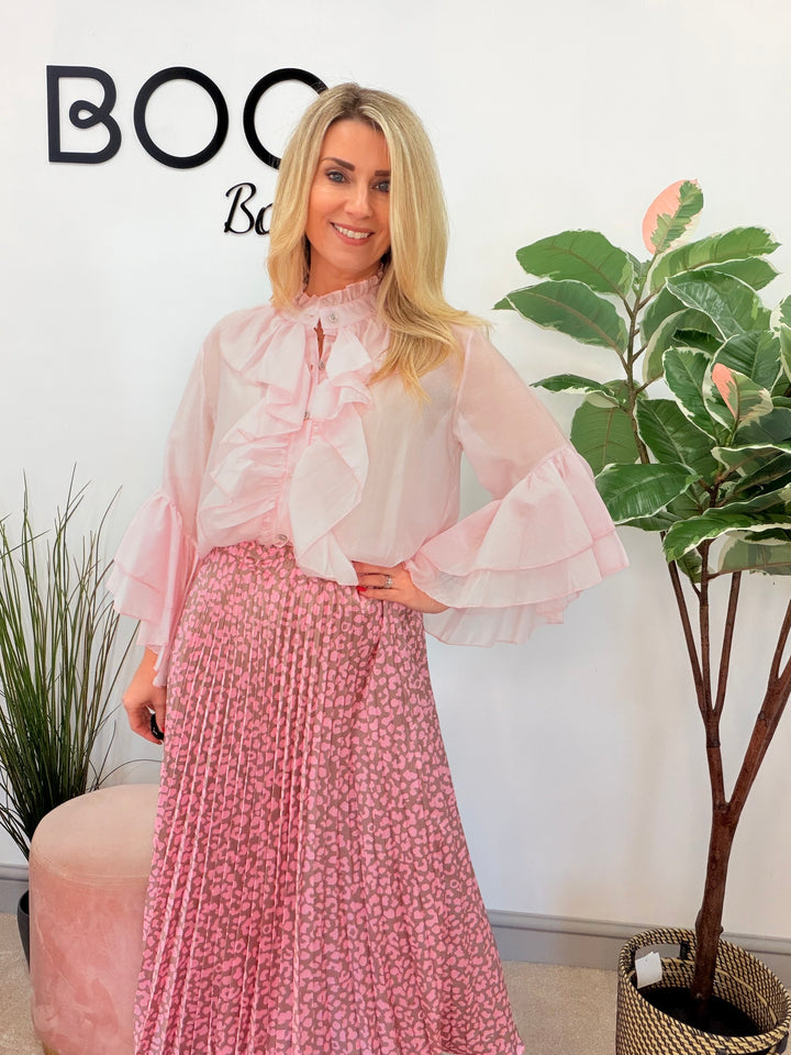 Ladies Fashion Sheer Ruffle Front Blouse Top - white, pink, blue, sage, lemon