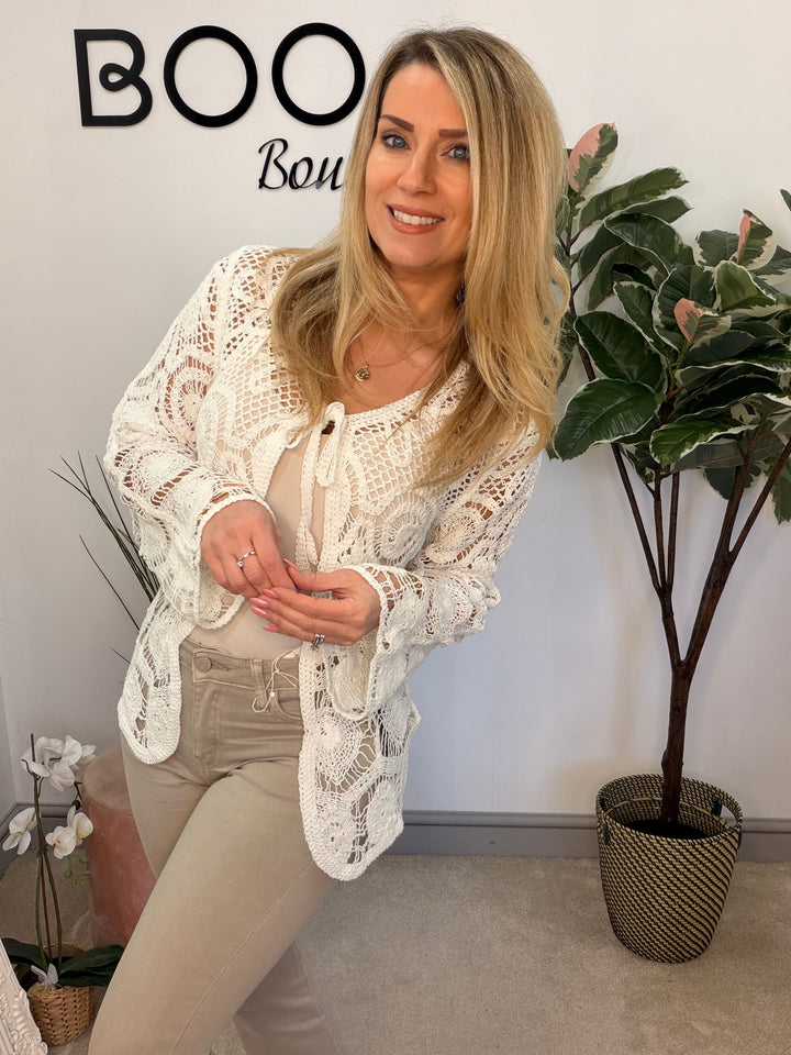 Ladies Fashion Boho Crochet Shrug Cardigan - beige and white