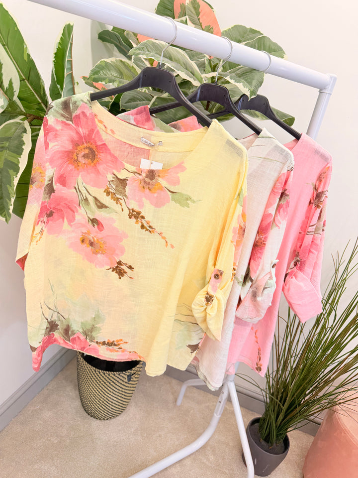 Ladies Fashion Flower Print Light Linen Top - White, Pink & Lemon