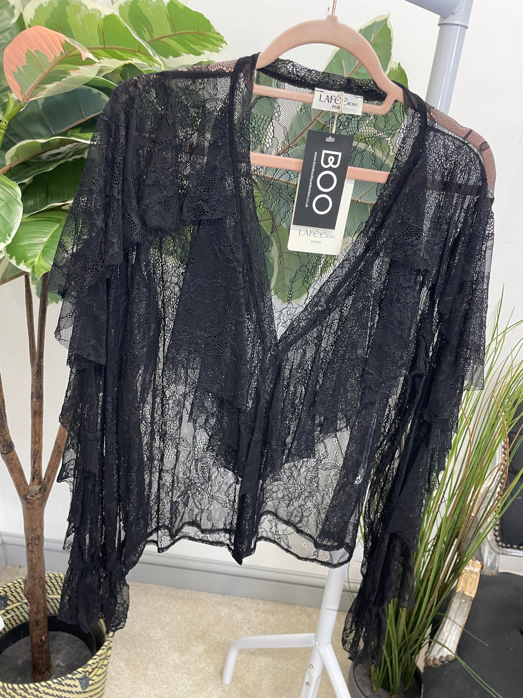 LADIES SHEER NET FRILL BLOUSE SHIRT - BLACK & BROWN