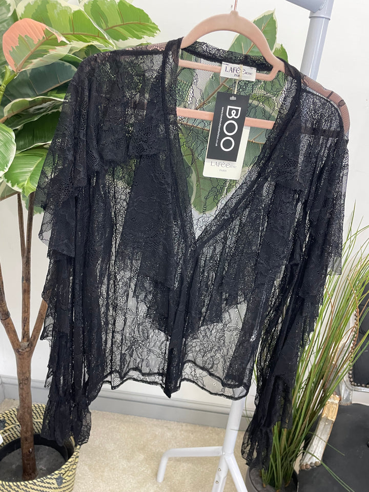 LADIES SHEER NET FRILL BLOUSE SHIRT - BLACK & BROWN