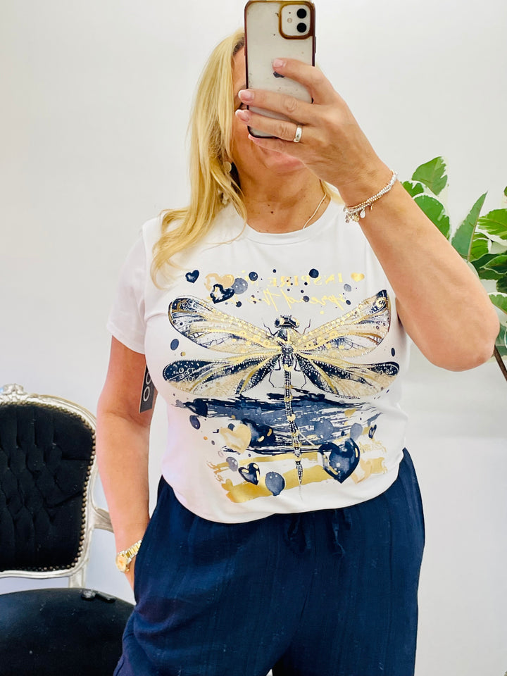LADIES WOMENS WHITE DIAMANTE T TEE SHIRT - PINK, BLUE & NAVY