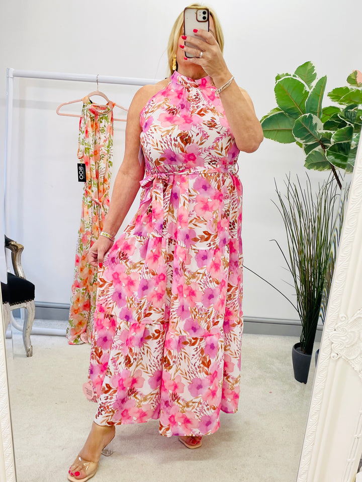 LADIES WOMENS PINK PARTY SUMMER WEDDING MIDI DRESS