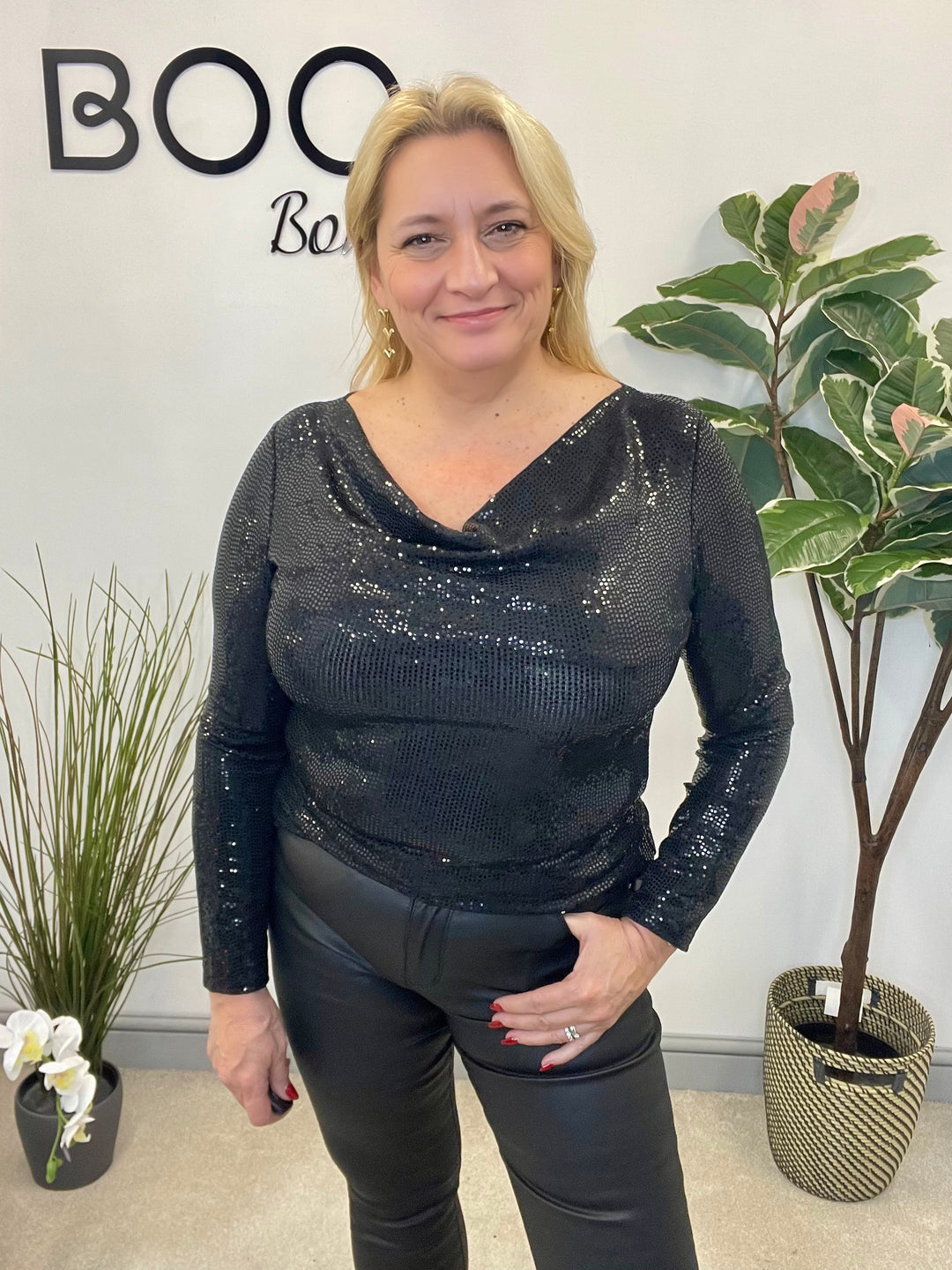 LADIES SEQUIN COWL NECK TOP - BLACK, CHAMPAGNE, GREEN & RED