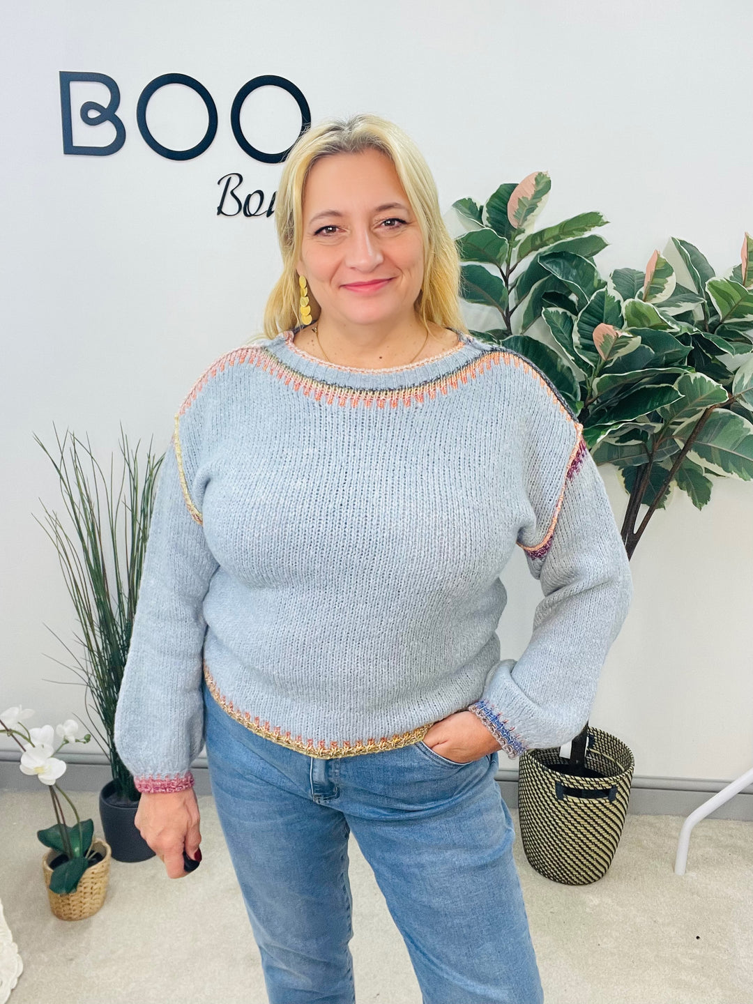 LADIES WINTER CONTRAST STITCH KNIT JUMPER - CREAM, KHAKI & BLUE