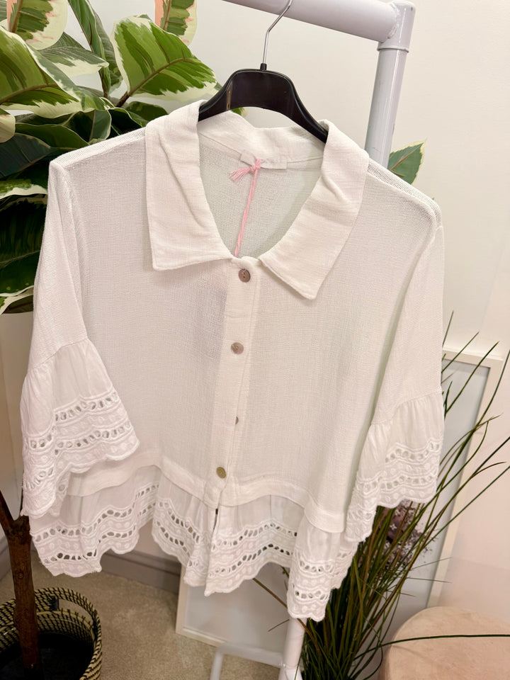 Ladies Fashion Broderie Anglaise Teabag Linen Top white