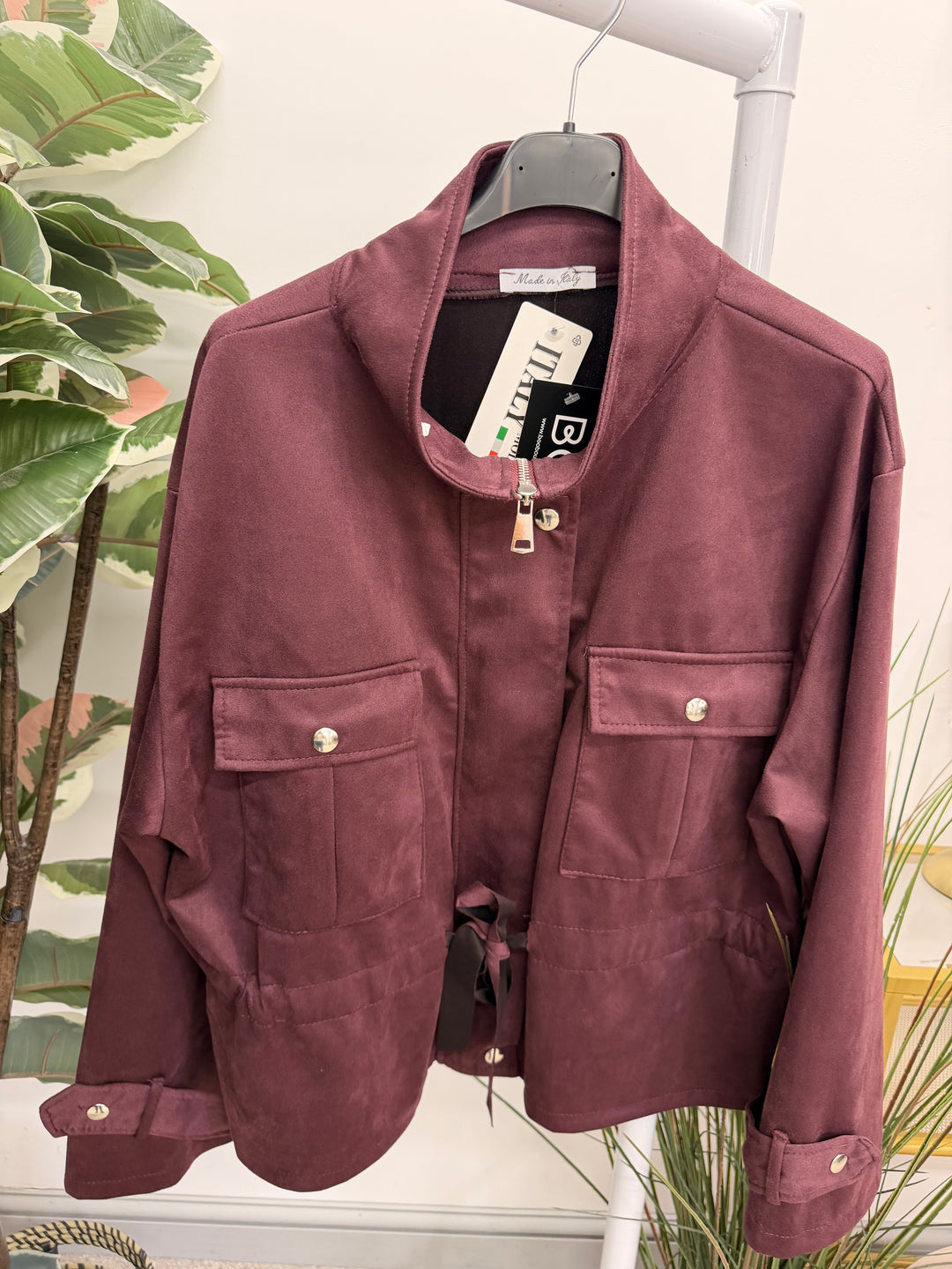 Ladies Fashion Faux Suede Short Safari Jacket - Brown, Black, Wine & Beige