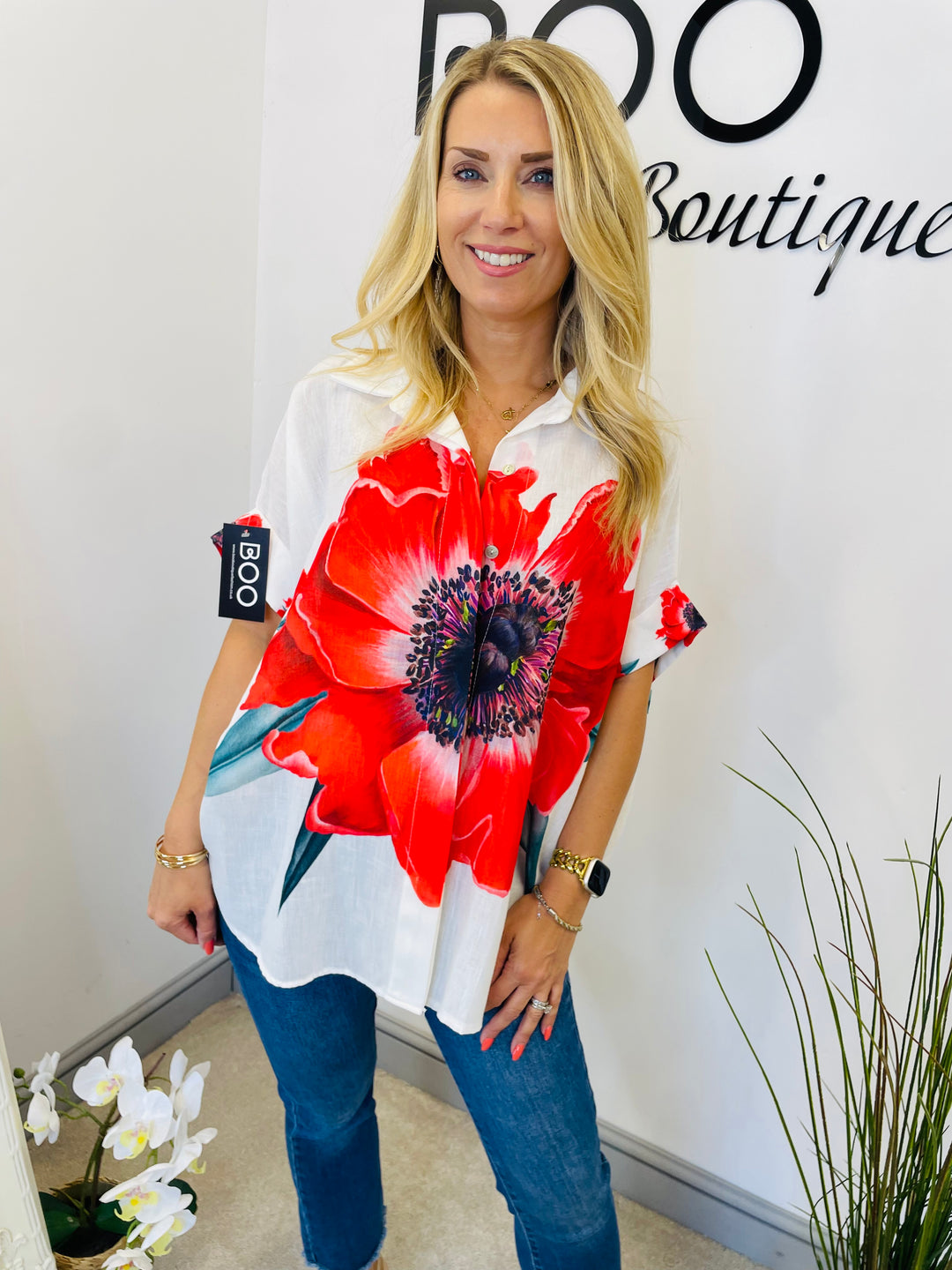 LADIES CREAM LINEN & RED POPPY PRINT OVERSIZE SHIRT TOP