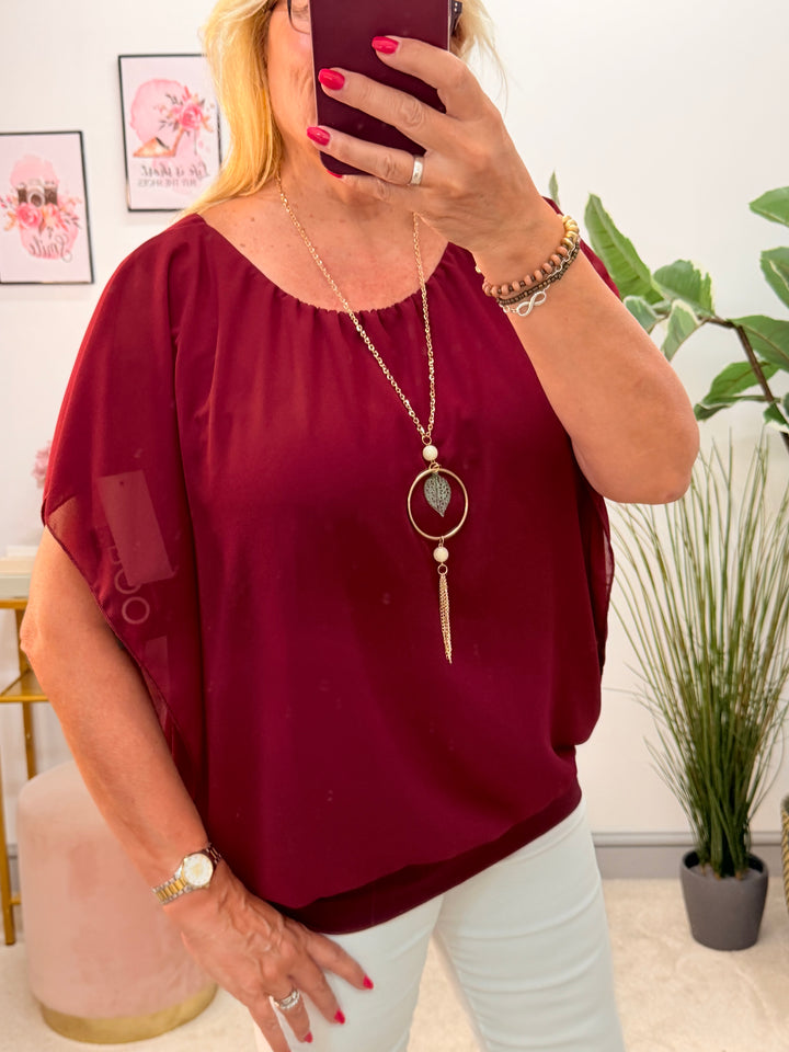 Ladies Chiffon Summer Top - Black, White, Navy, Wine, Blue, Brown