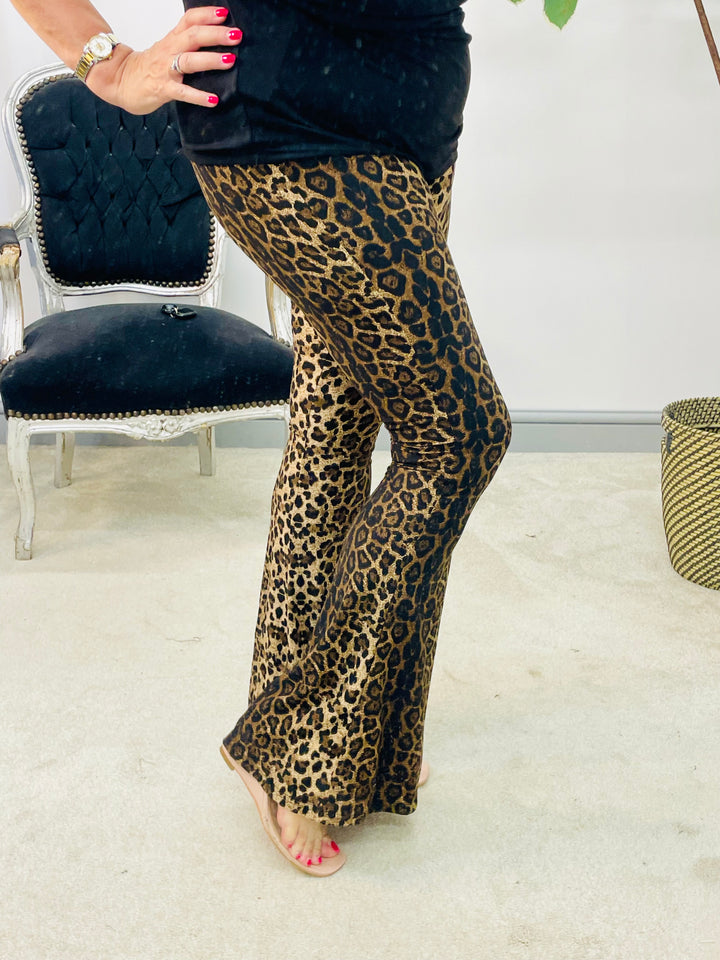 LADIES STRETCH LEOPARD PRINT FLARE LEGGINGS TROUSERS