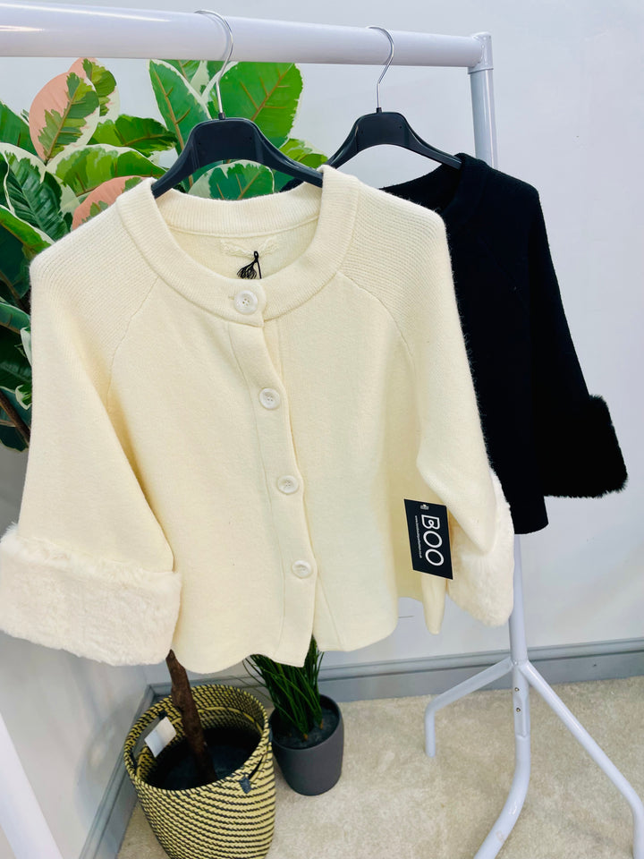 LADIES KNITTED BOLERO FAUX FUR CUFF CARDIGAN JUMPER - BLACK & CREAM