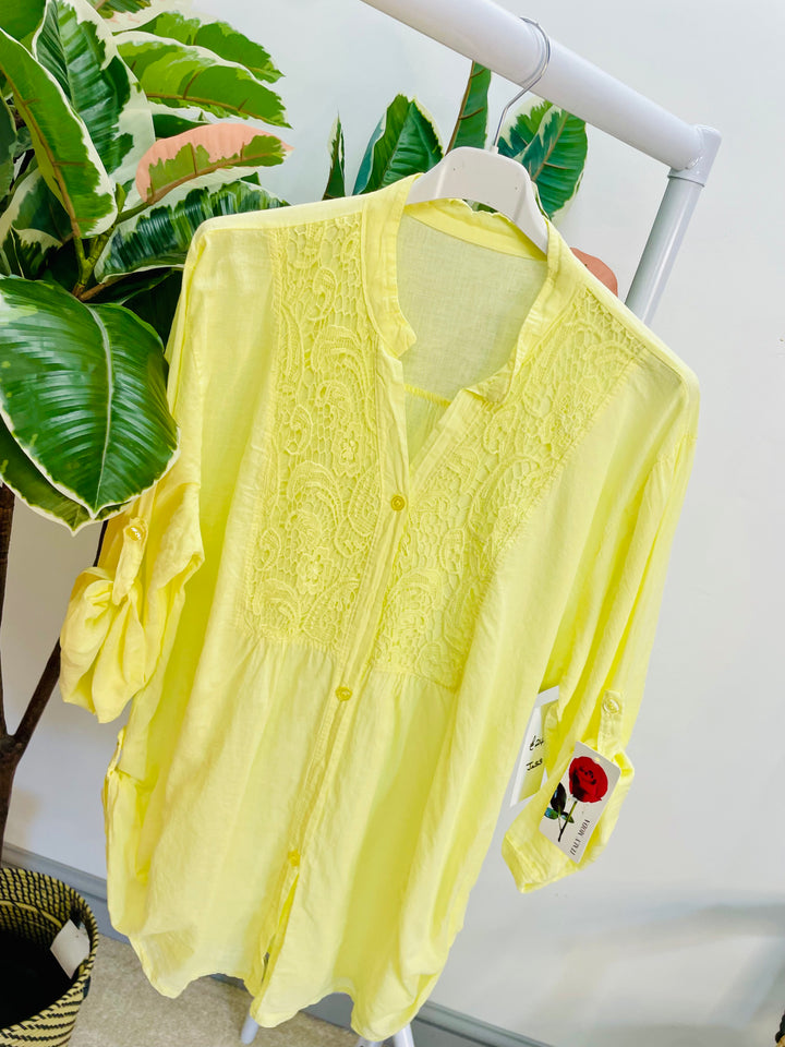 LADIES COTTON LACE FRONT BLOUSE SHIRT - LEMON, WHITE & ORANGE