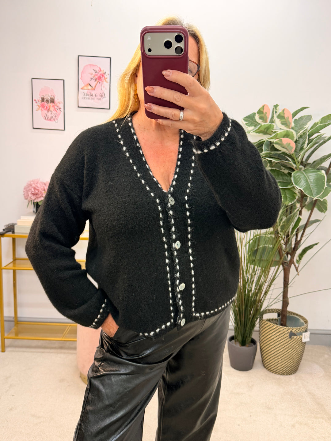 Ladies Fashion Slouch Knitted Cardigan - Black, Grey & Pink