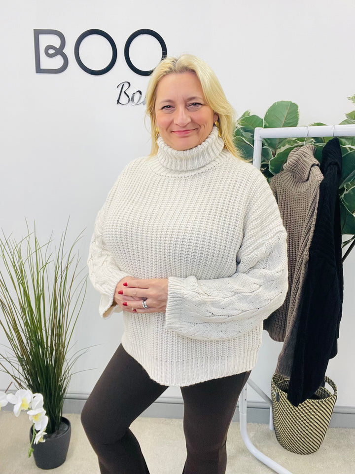 LADIES FISHERMANS CHUNKY KNIT ROLL NECK JUMPER - CREAM, MOCHA, BLACK