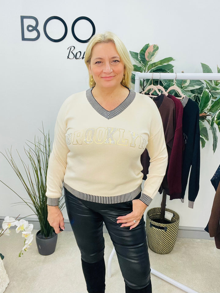 LADIES DIAMANTE SOFT KNIT JUMPER - BURGUNDY, BROWN, BLACK & BEIGE