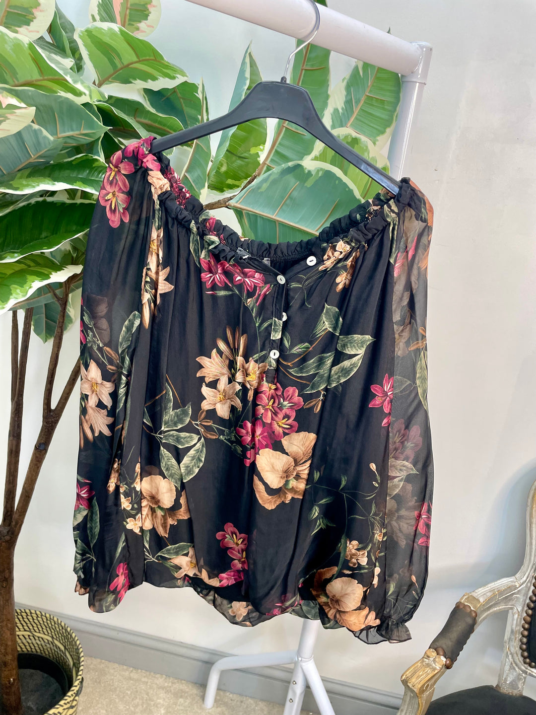 LADIES CHIFFON FLORAL PRINT BLOUSE - BROWN, NAVY, BLACK & WINE BURGUNDY