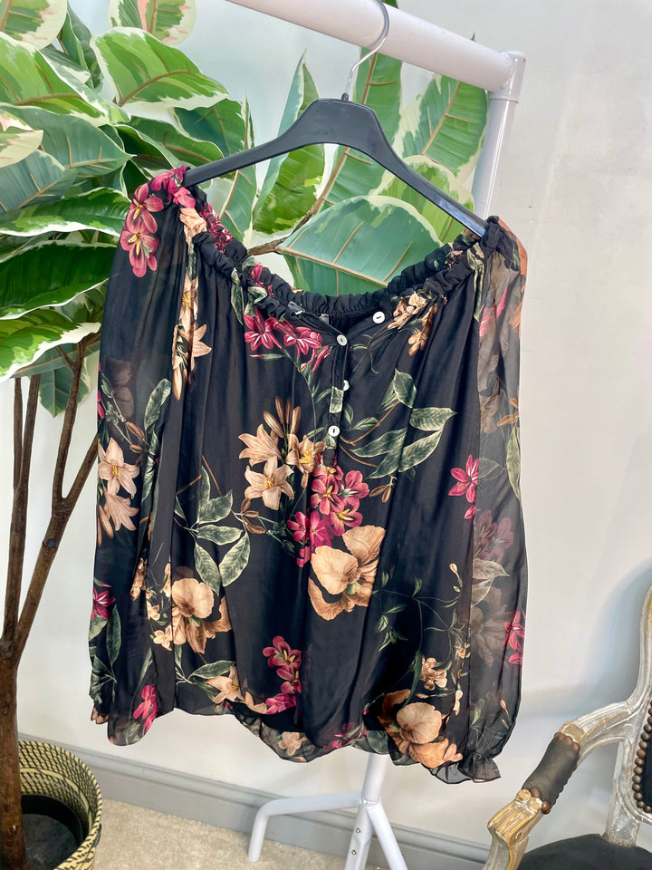LADIES CHIFFON FLORAL PRINT BLOUSE - BROWN, NAVY, BLACK & WINE BURGUNDY