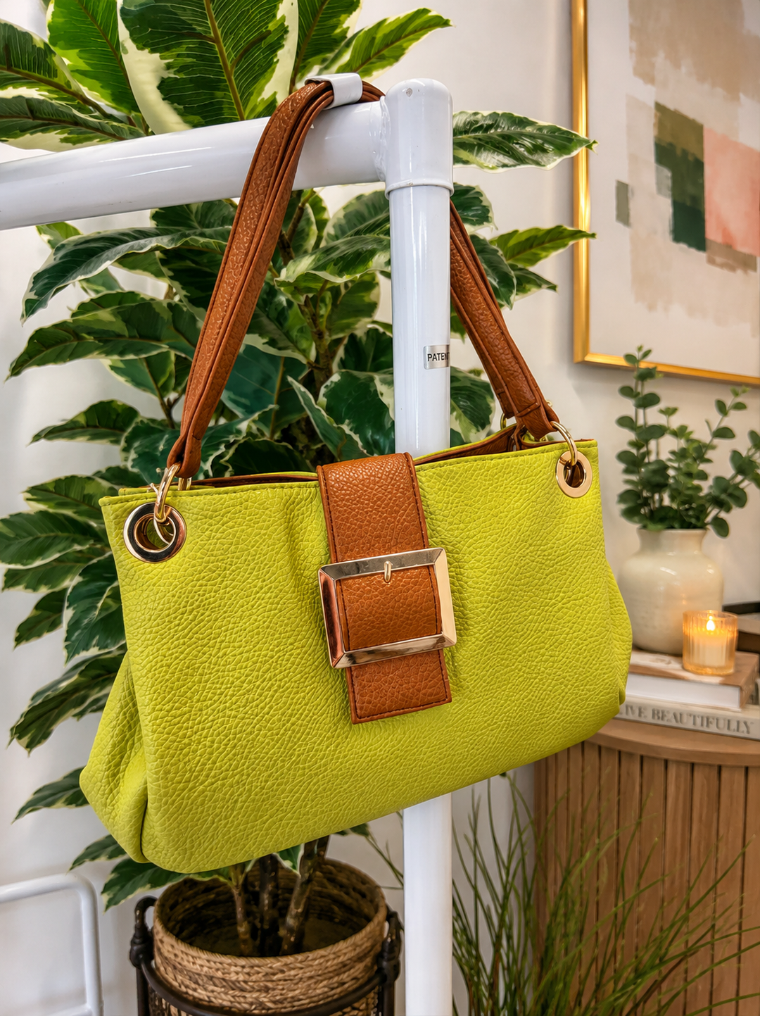 Ladies Faux Leather Contrast Handbag - Fuschia Pink, Lime, White