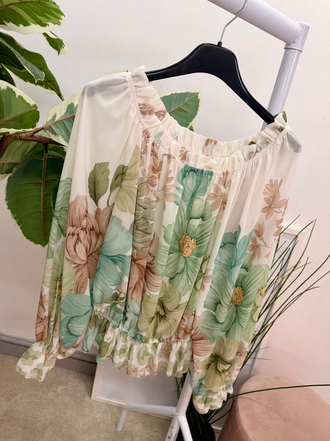 Ladies Fashion Flower Print Bardot Top Blouse - Pink, Lemon, Green & Blue