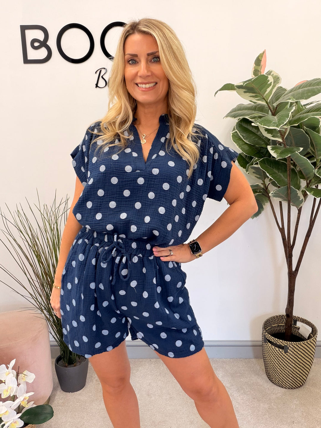 Ladies Fashion Polka Dot Shorts Co Ord Set - Blue, Navy, Pink