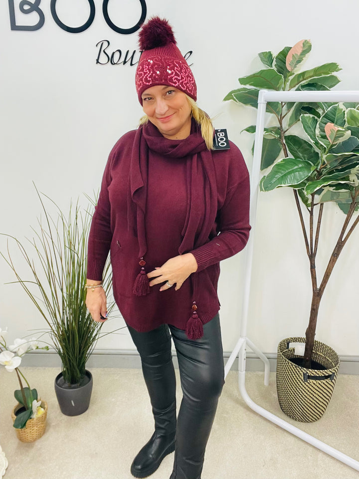 LADIES FAUX FUR DIAMANTE BOBBLE BEANIE HAT - BLACK, WINE, WHITE, BEIGE, BROWN