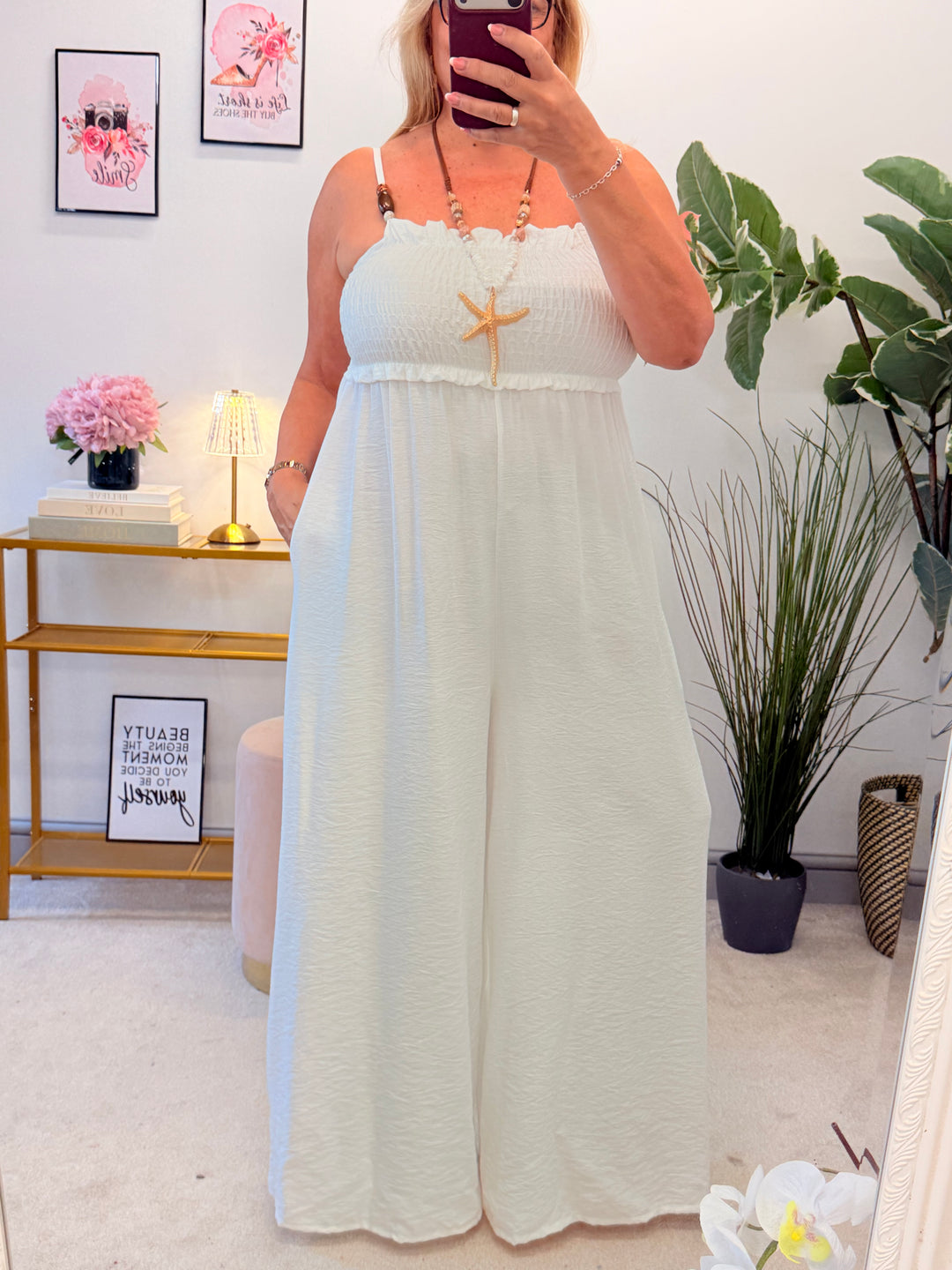 Ladies Wide Leg Summer Jumpsuit - Mocha, Brown, Khaki, White, Denim