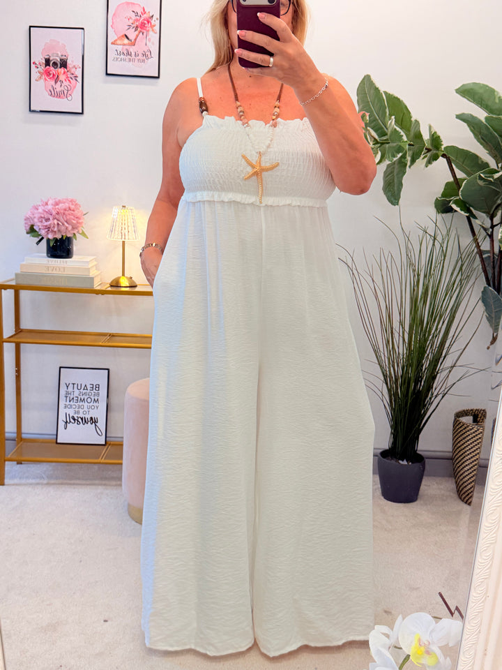 Ladies Wide Leg Summer Jumpsuit - Mocha, Brown, Khaki, White, Denim
