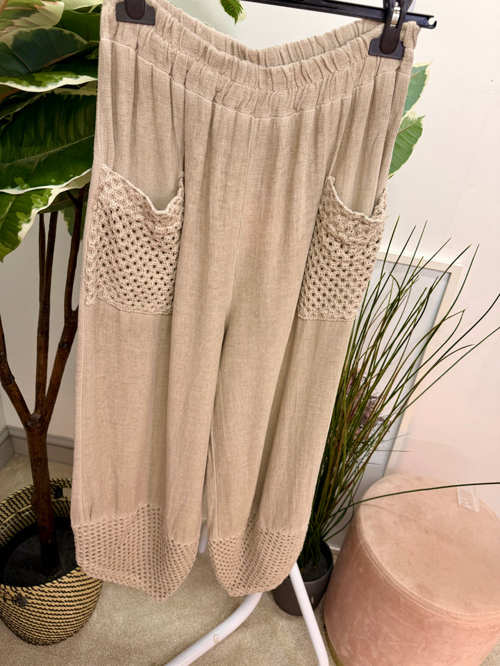 Ladies Crochet Pocket Harem Teabag Linen Trousers light beige