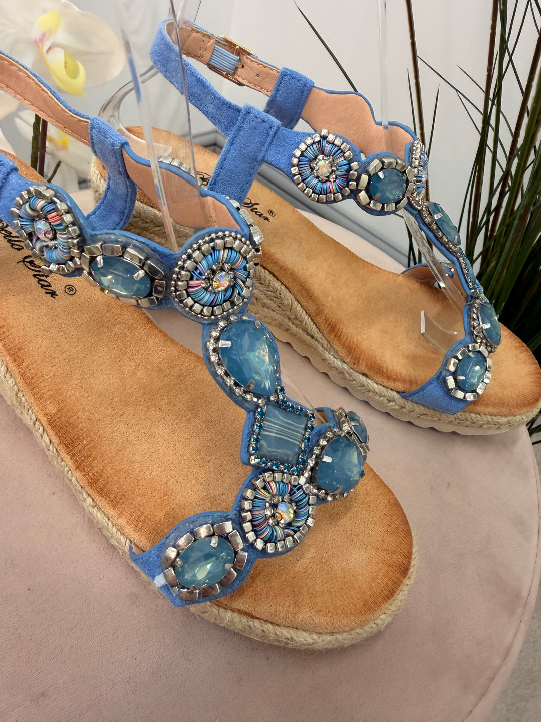 Ladies Fashion Denim Blue Jewelled Mid Wedge Heel Sandals