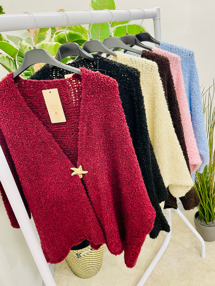 LADIES POPCORN KNIT CARDIGAN - BLACK, BURGUNDY, BROWN, BEIGE, BLUE & PINK