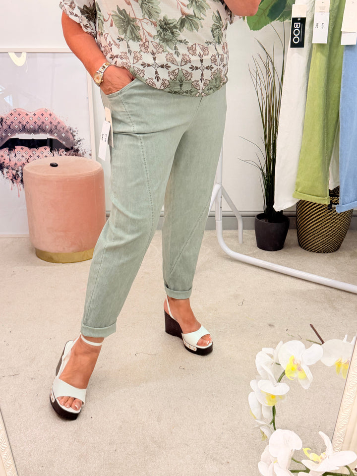 Ladies Fashion Stretch Balloon Leg Magic Trousers - White, Khaki, Denim & Lime