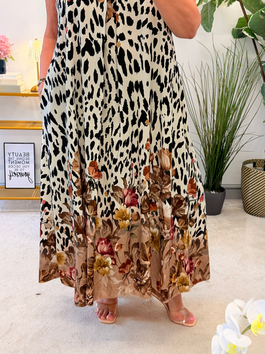 Ladies Animal Print Summer Maxi Dress - Black, White