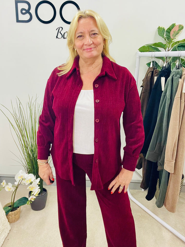 LADIES STRAIGHT LEG TROUSER & JACKET CO ORD SET BURGUNDY WINE