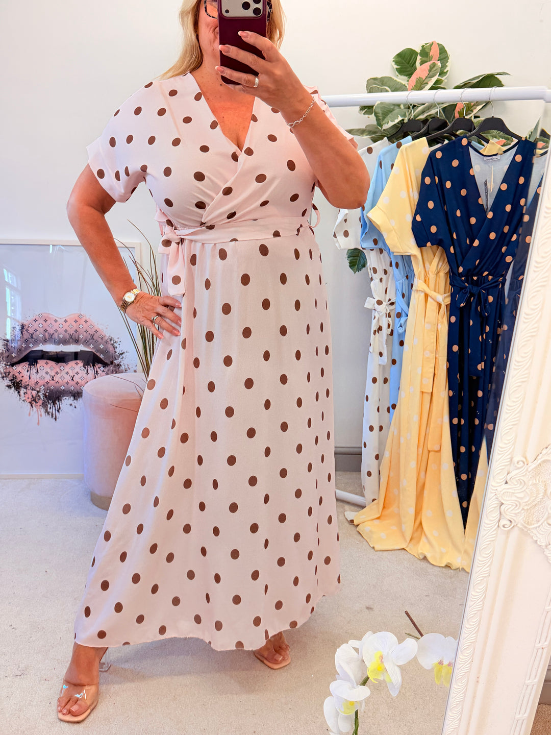 Ladies Polka Dot Wrap Midi Dress - Navy, Cream, Pink, Lemon & Pale Blue